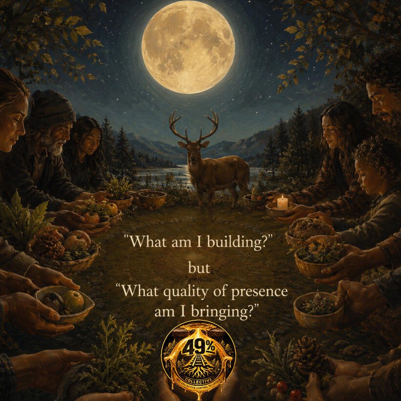 Neighbors sharing food and plants under a full moon, with the question: what quality of presence am I bringing?
